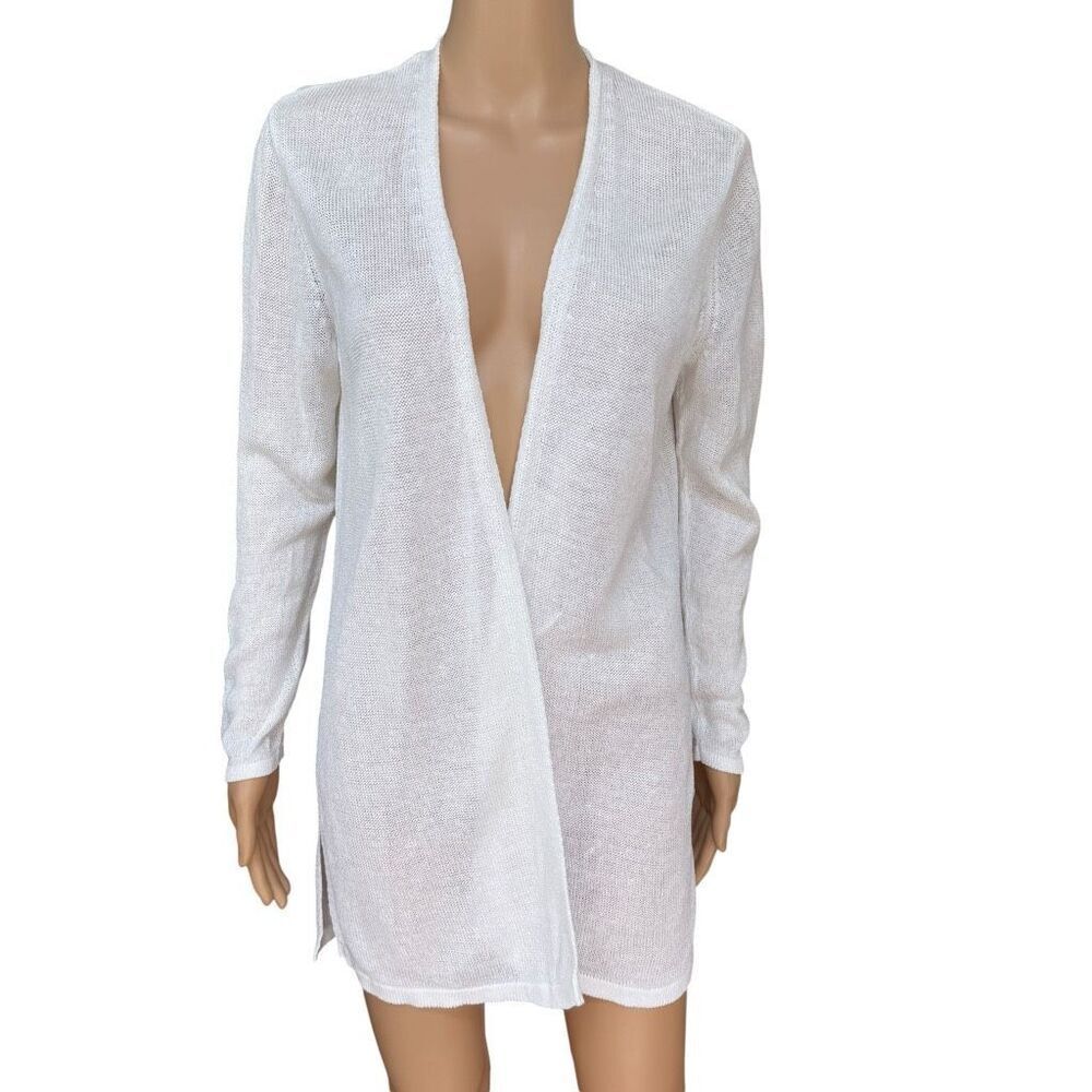 J. Jill Linen Blend Open Front Cardigan Sweater White Long Tunic Size Mp